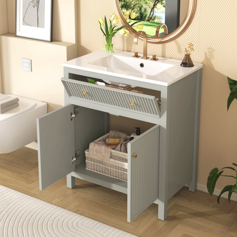 Ensemble de meuble-lavabo autoportant avec portes à fermeture douce 30 po avec lavabo en céramique, style moderne