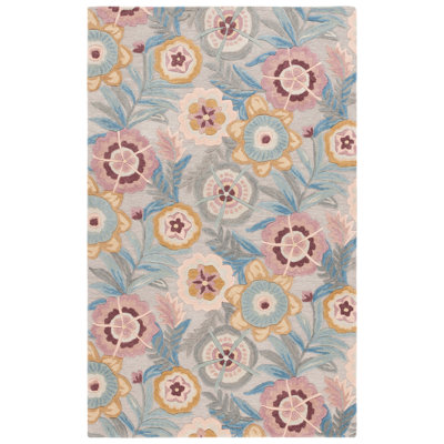Tapis floral gris / rose en laine / coton touffeté Orilla