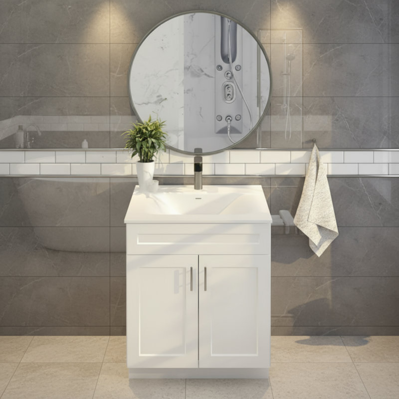 La base de meuble-lavabo blanche à bascule peut être assemblée indépendamment, ajoutant une touche d'élégance à la salle de bain.