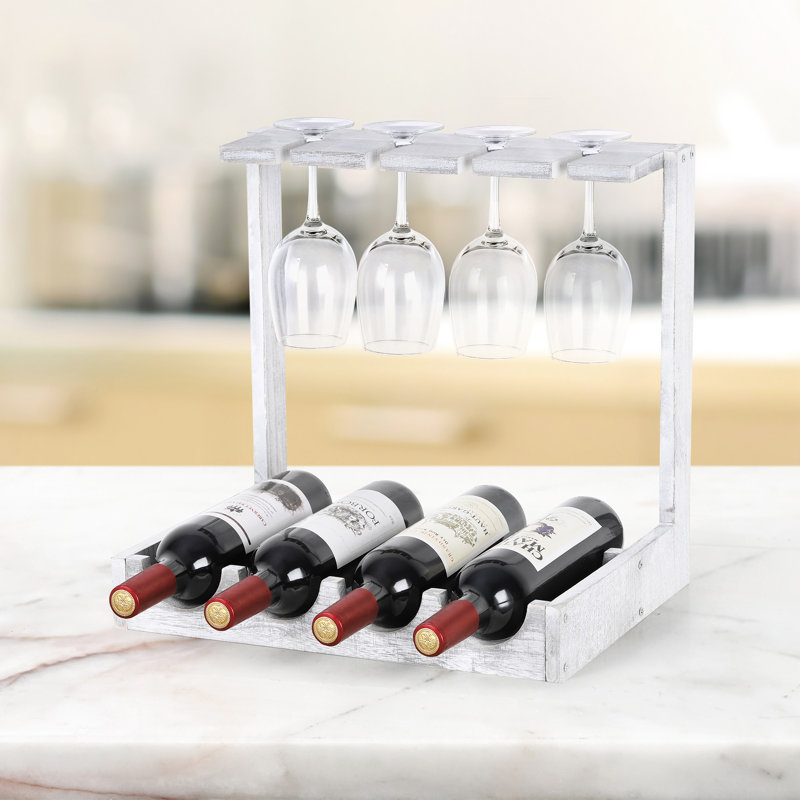 Support à vin en bois pour porte-bouteilles avec 4 bouteilles blanc grisâtre