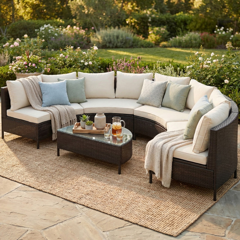 Ensemble de canapé modulaire 5 pièces demi-lune en osier résistant aux intempéries, ensemble de mobilier de patio pour l'extérieur avec table en verre trempé pour le jardin, la cour arrière et le balcon