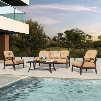 4-piece Patio Sofa Set Outdoor Aluminum Conversation Sofa With Zippered Cushion And Coffee Table, For Porch Garden Backyard Balcony And Poolside, Ginger