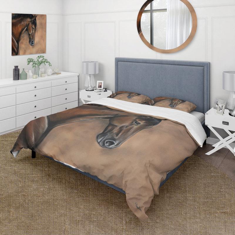 Portrait d'un cheval de la baie brune - ensemble de housse de couette Farmhouse - microfibre de polyester
