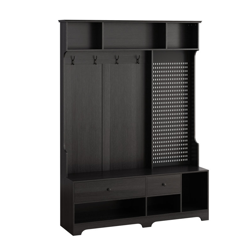 Multi-Purpose Hallway Hall Tree With Removable Linen Cushioned Entryway Bench, Coat Rack, Storage Shelves, And DIY Pegboard,For Hallways, Living Room