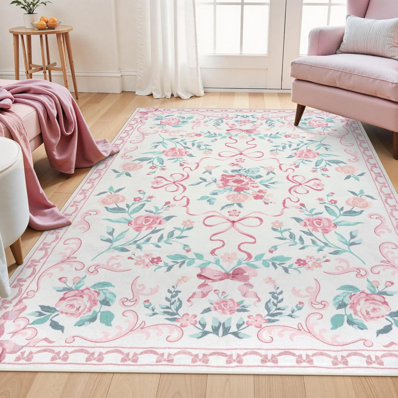 Kaldi Floral Washable Area Rug Non-Slip Stain Resistant Low-Pile Boho Large Indoor Throw Carpet, Rectangle 4' x 6'