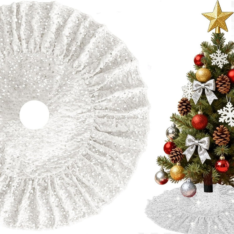 Jupe de sapin de Noël blanche à paillettes avec bordure à volants, housse de base de sapin en velours