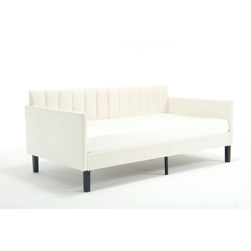 Lit de jour simple rembourré en velours beige, dossier capitonné nervuré, lit de jour au design somptueux et moderne, confort en mousse aux teintes riches