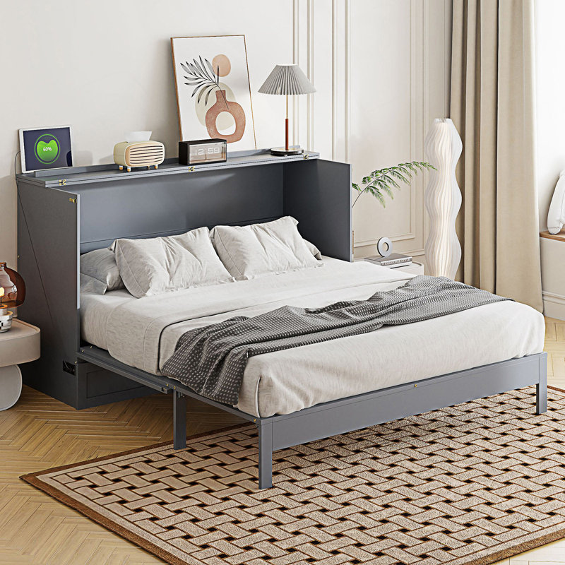 Lit plateforme avec rangement et 2 grands tiroirs, gris, Grand lit