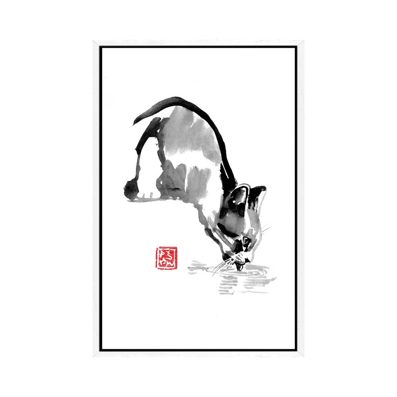 Drinking Cat by Péchane - Print on Canvas, White Framed, 152.5 cm H x 101.5 cm W