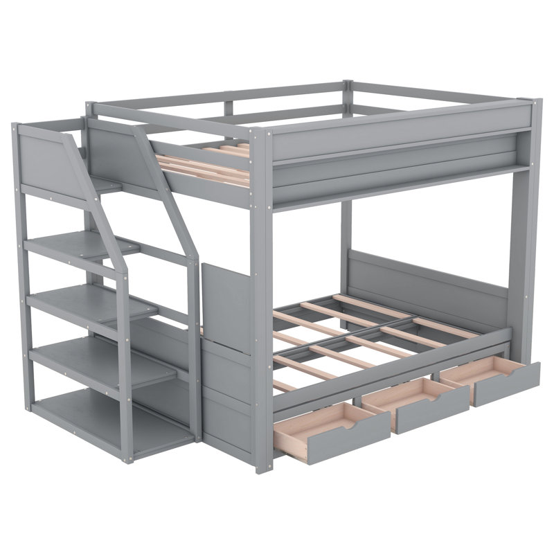 Lit superposé convertible en bois avec rangement de couleur grise, rangement et 3 commodes, finition, console d'escalier