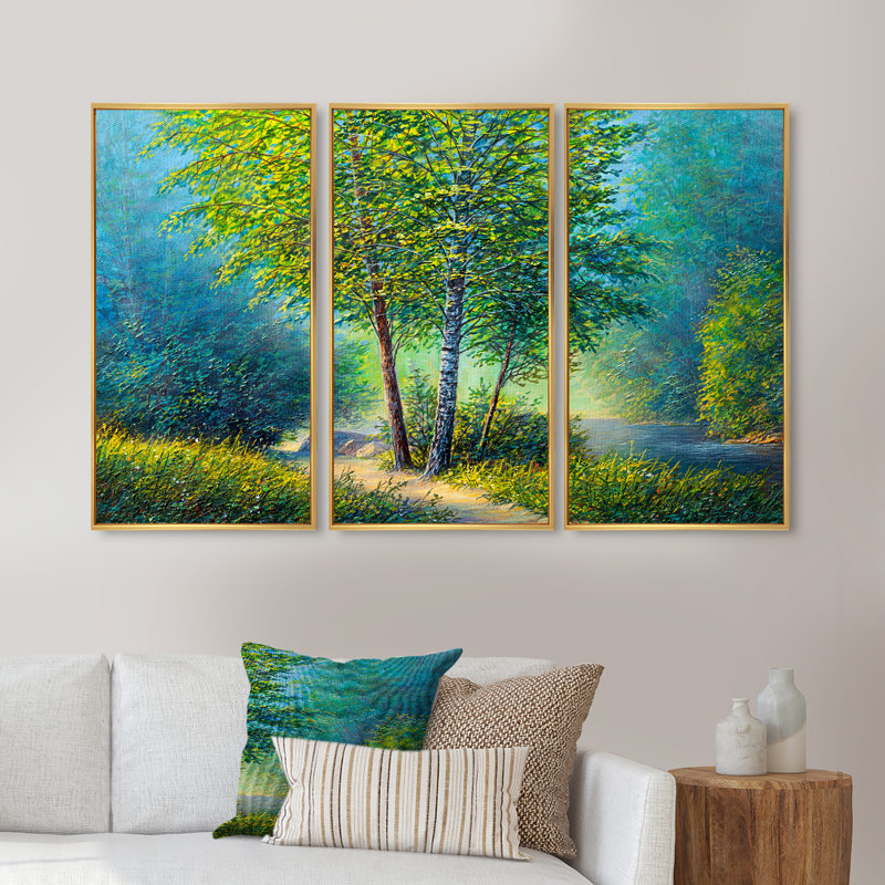 Three Vibrant Trees By The River - 3 pièces, reproduction sur toile, Cadre doré, L 36 po x H 20 po