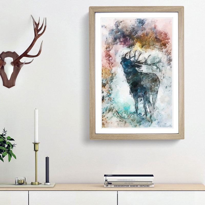 A Deer Stag Silhouette in Abstract - Picture Frame Painting Print on MDF, 36cm H x 27cm W x 2cm D, Oak Framed
