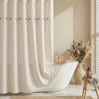 Rustic Farmhouse Shower Curtain, 72"X72", Striped Light Linen Fabric With Coconut Button Details, Machine Washable, Soft Cotton-Linen Blend, Vintage-Inspired Bathroom Decor