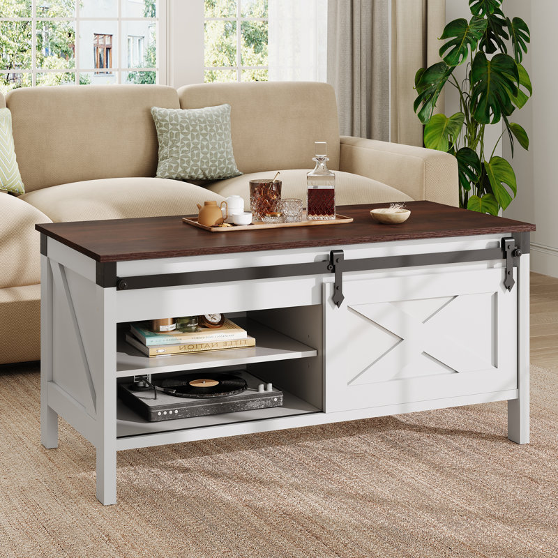 Wynny Lift-Top Coffee Table With Storage, 39.4" Farmhouse Wood Coffee Table With Removable Shelf, Sliding Barn Door Square Coffee Table For Living Room