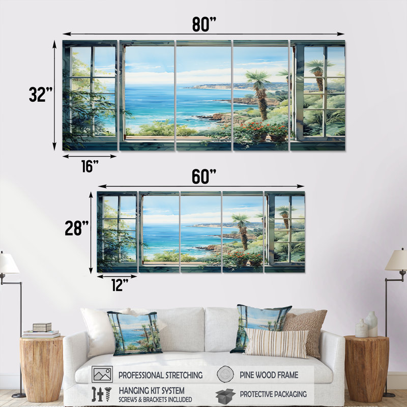 Seaside Tropical View II - Coastal Windows 5 Piece Wall Art Set, 28" H x 60" W