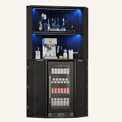 70" L-Shaped Corner Bar Cabinet with Fridge Space, Black