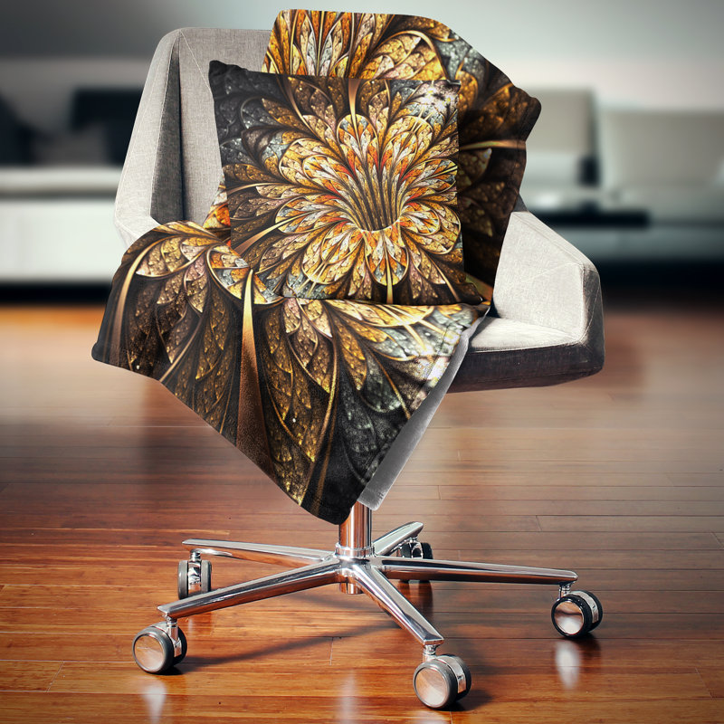 Coussin imprimé floral doré, 16 po x 1 po, Coussin décoratif