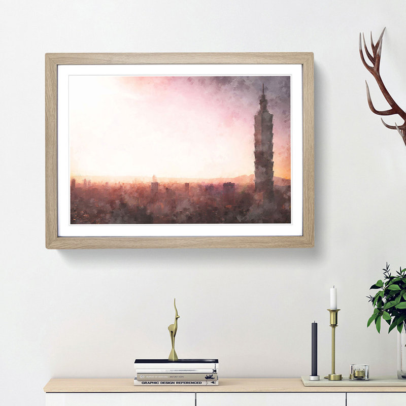 Sunset over Taipei City in Taiwan - Picture Frame Painting Print, 24cm H x 33cm W x 2cm D, Oak Framed