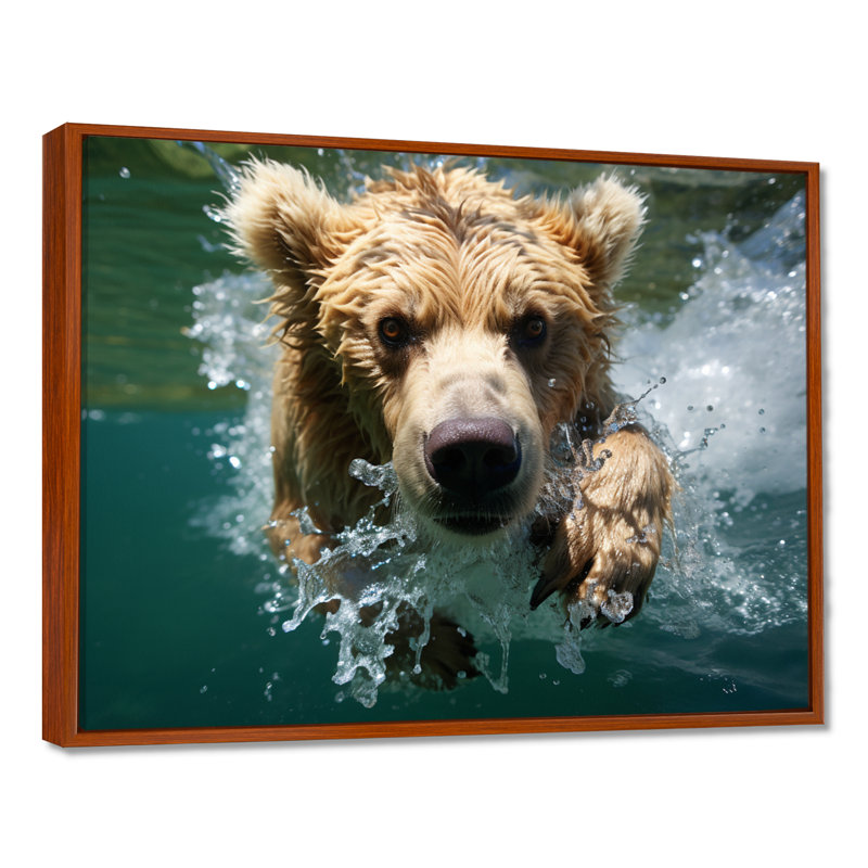 Ourson nageant dans le lac - Art mural, Toile avec cadre brun, H 34 po x l 44 po x P 1,5 po