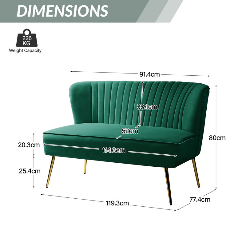 Lisette 119cm Mid-Century Modern Curved Back 2 Seater Sofa with Tufted Back, Green