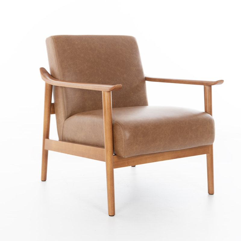 Peter Mid Century Modern Genuine Leather Solid Wood Armchair, Brown