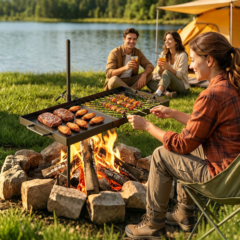Barbecue pivotant robuste pour feu de camp, grille de barbecue portative de 24 po et plaque chauffante, filet de barbecue en acier robuste, équipement de foyer réglable au-dessus de la cheminée à 360 °, pour la cuisson extérieure à flamme nue, noir