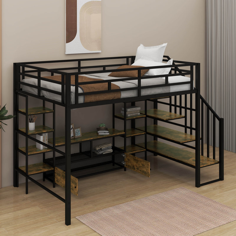 Full Size Metal Loft Bed With Staircase,Table And Shelves, Black