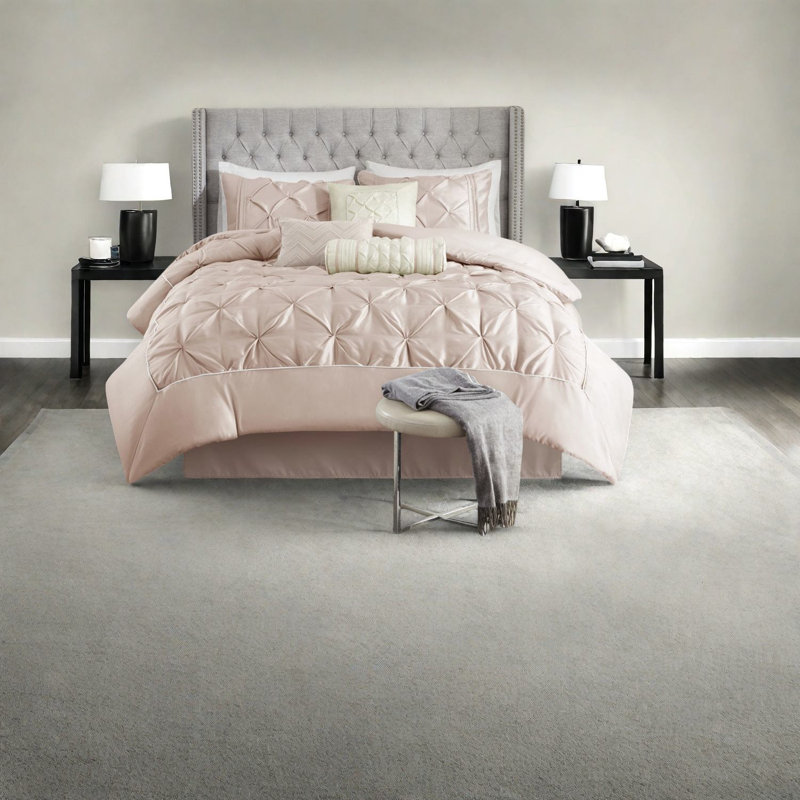 Ensemble de literie capitonné élégant 7 pièces, polyester rosé, chic pour la chambre à coucher