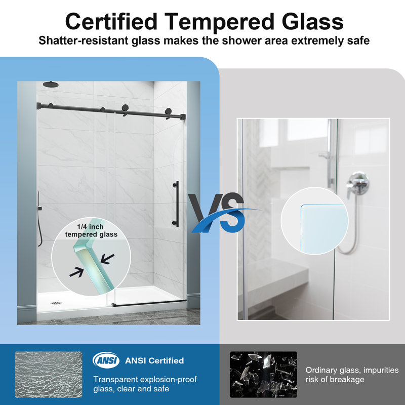 49"-54" W x 72" H Single Sliding Frameless Shower Door in Matte Black with 1/4" (6mm) Clear Tempered Glass, Aluninum Frame, Large Handle