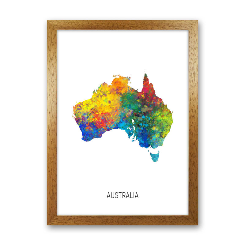 Australia Watercolour Map by Michael Tompsett - Print, 34cm H x 25cm W x 3cm D, Brown Framed