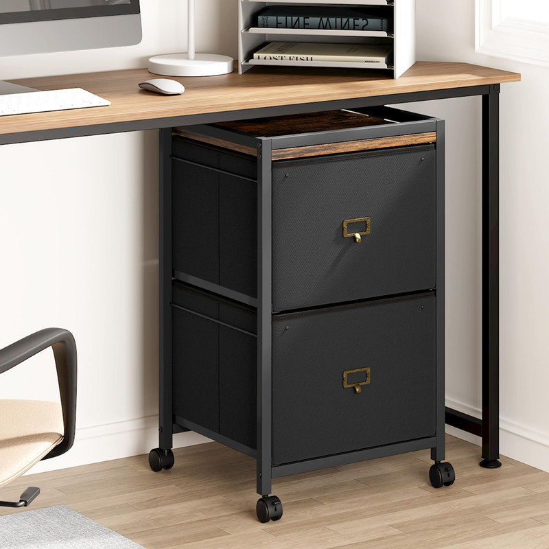 Classeur mobile noir à 2 tiroirs avec roulettes, rangement compact sous le bureau et support à imprimante pour dossiers A4 / lettre, idéal pour le bureau à domicile