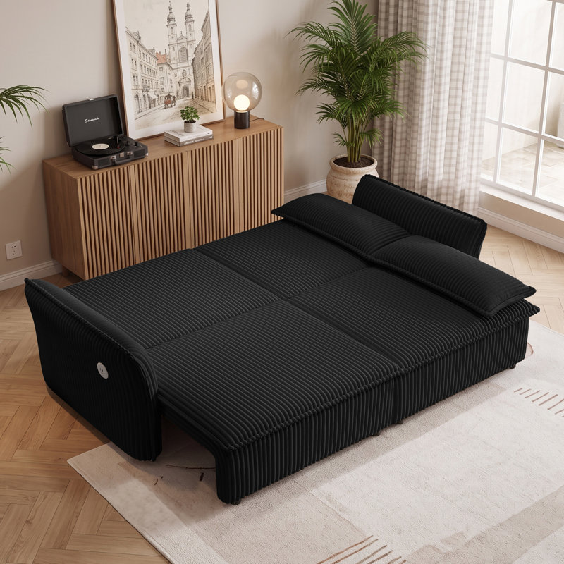 85.1" Pull Out Sleeper Sofa Bed Loveseat Chaise 3-in-1 Corduroy Convertible Couch With USB Charging & Adjustable Backrest & Removable Storage Ottoman