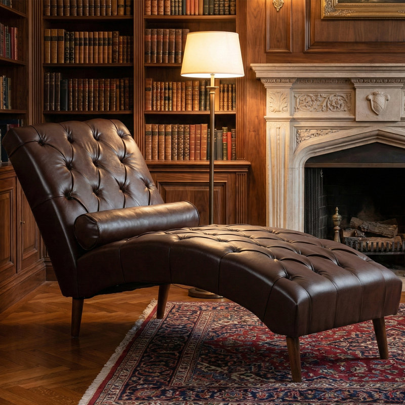 Chaise longue rembourrée 60 po avec coussin roulé, Marron foncé