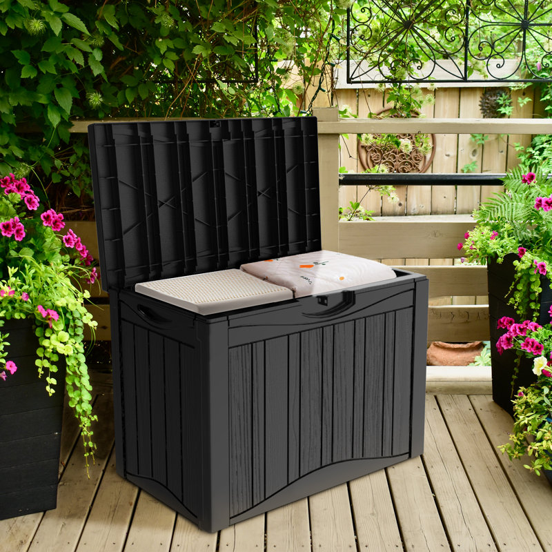 Decksplore 50 Gallons Water Resistant Resin Lockable Deck Box, Black