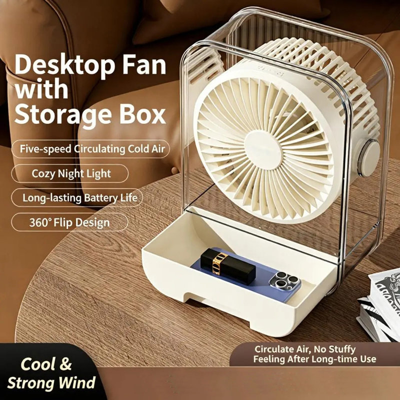 Boîte de rangement pour ventilateur de bureau circulaire avec ventilateur USB, Black