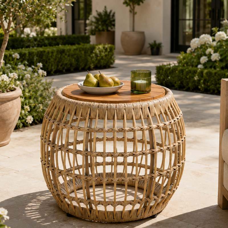 Boho Round Outdoor End Table with Light Brown Wood Top and Wicker Frame