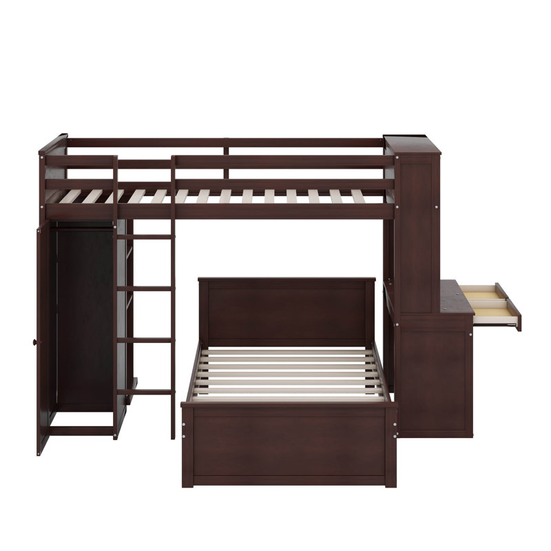 Lit mezzanine simple avec tablettes, bureau et garde-robe, Espresso