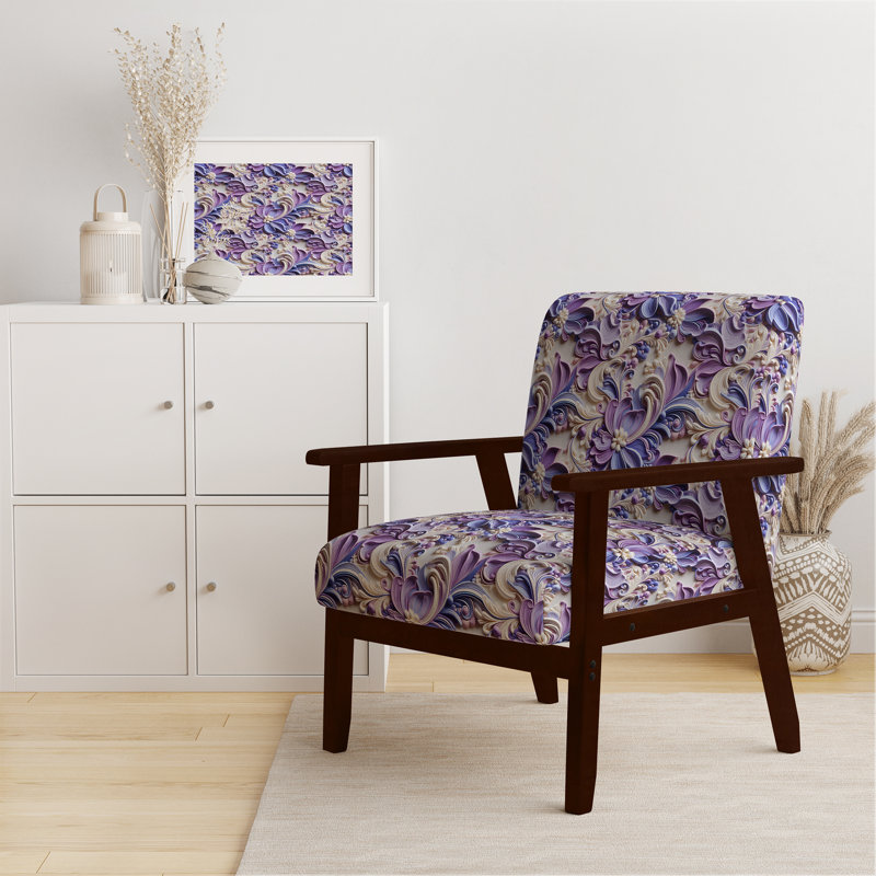 Purple Lavender Persian Paisleys I - Upholstered Bohemian & Eclectic Accent Arm Chair, Brown Square Arms