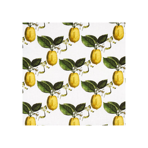 Seamless fabric pattern featuring a botanical print of yellow lemons with green leaves and blossoms on a white background.