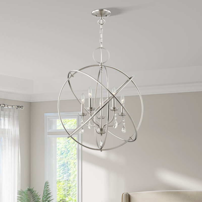 Lustre globe à 5 lumières avec accents de cristal Auberta, Nickel brossé