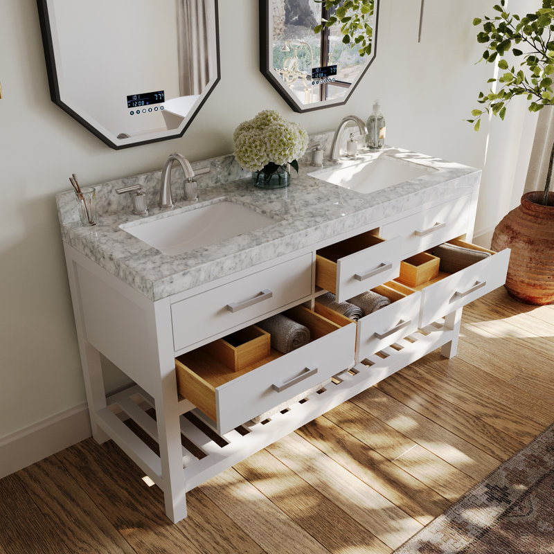 Elizabeth 60'' W Double Vanity, White/Brushed Nickel, Carrara White Marble