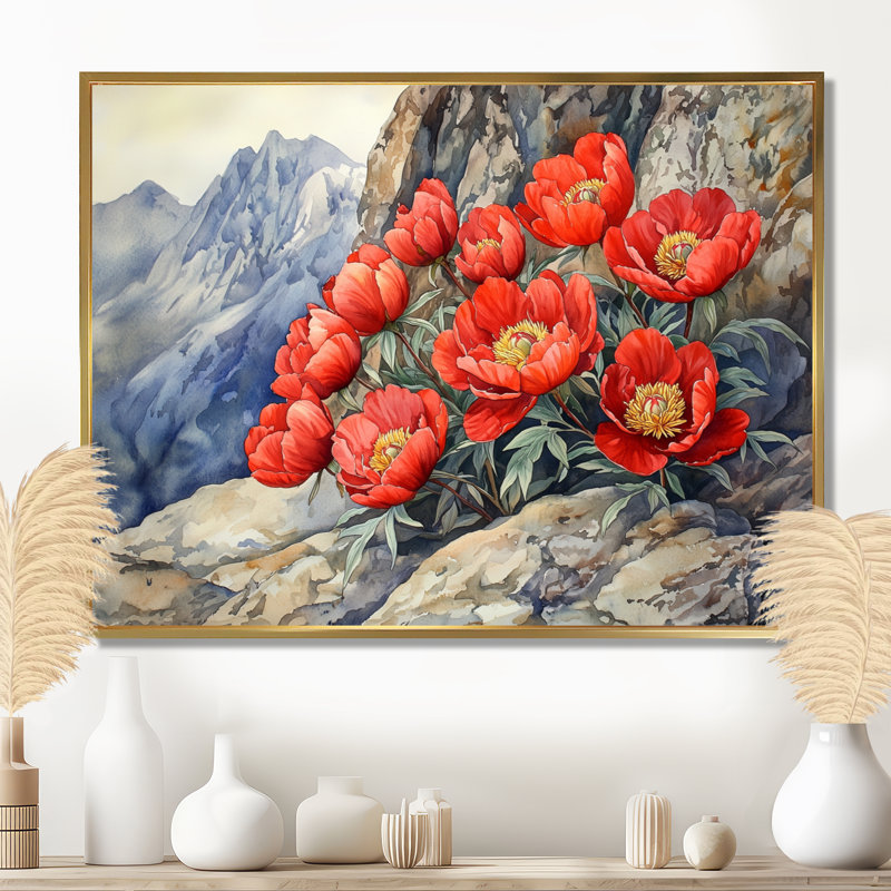 Pe pivoines par Cliffside II - pivoines, art mural sur toile, Impression encadrée flottante, H 16 po x l 32 po, Doré