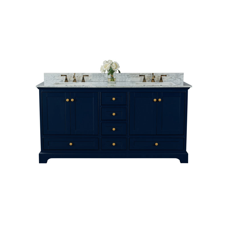 Audrey 66 in. Handmade Double Vanity, Heritage Blue | Brushed Gold, Carrara White