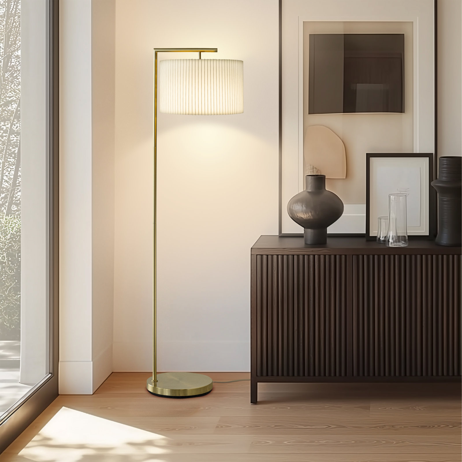 Montage Modern 60 in. Mid-Century Modern LED Floor Lamp with Fabric Drum Shade, Gold, Pleated Ivory