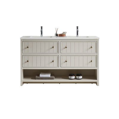 Rennes 60" Vintage Plywood Bathroom Vanity With Engineered Quartz Top