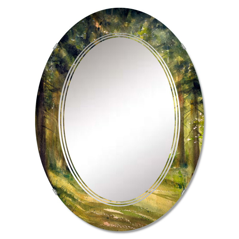 Soleil brillant à travers les arbres de la forêt - Miroir mural traditionnel ovale, 30 po x 20 po
