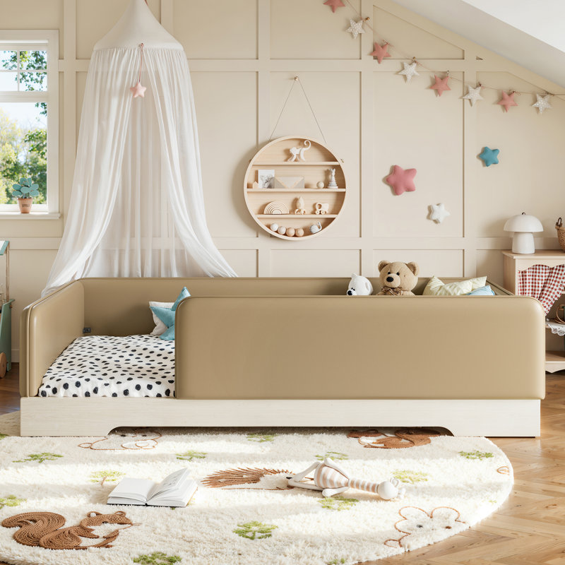 Lit tapissier en bois avec rails de sécurité et coins arrondis., Lit simple, Brun
