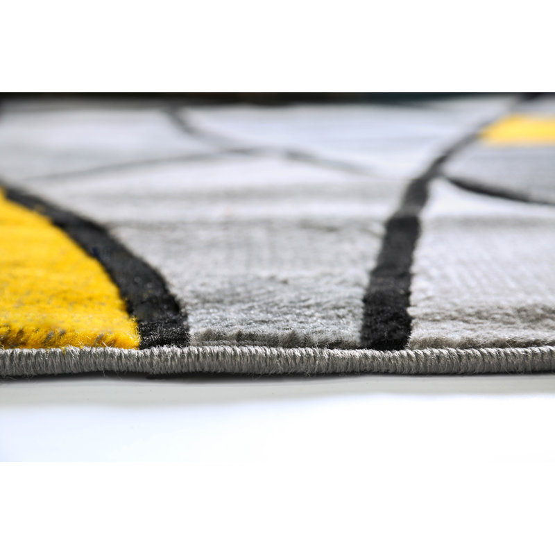 Tapis abstrait gris anthracite / jaune Mahle, Rectangulaire 5 pi x 7,2 pi