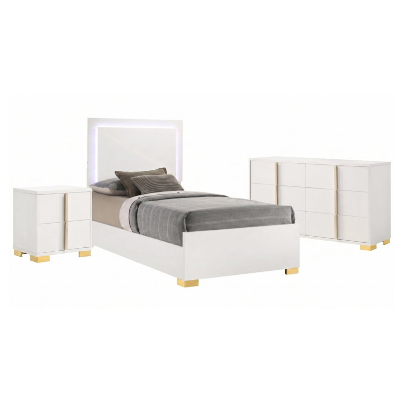 Ensemble de chambre à coucher Josephine White pour lit simple, comprenant 3 pièces, une tête de lit à DEL, une commode et une table de chevet.