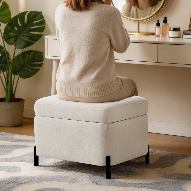 23.6" W Rectangle Upholstered Storage Ottoman, White